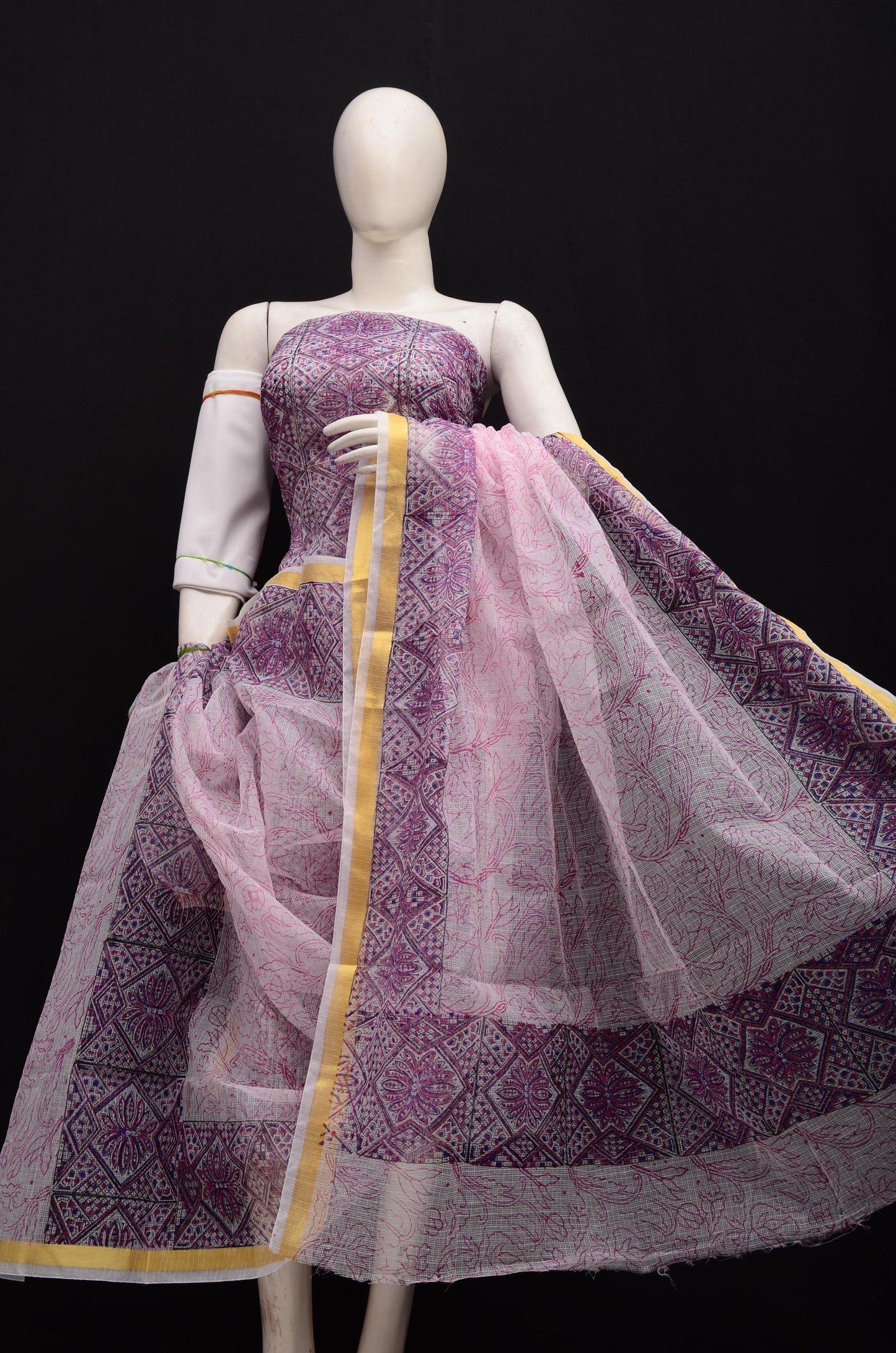 Women's Purple Kota Doria Hand Block Print Unstitched Suit