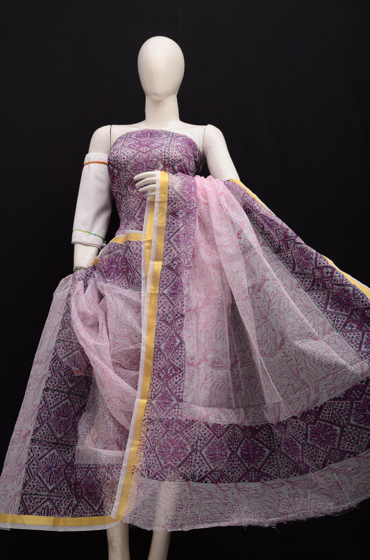 Women's Purple Kota Doria Hand Block Print Unstitched Suit