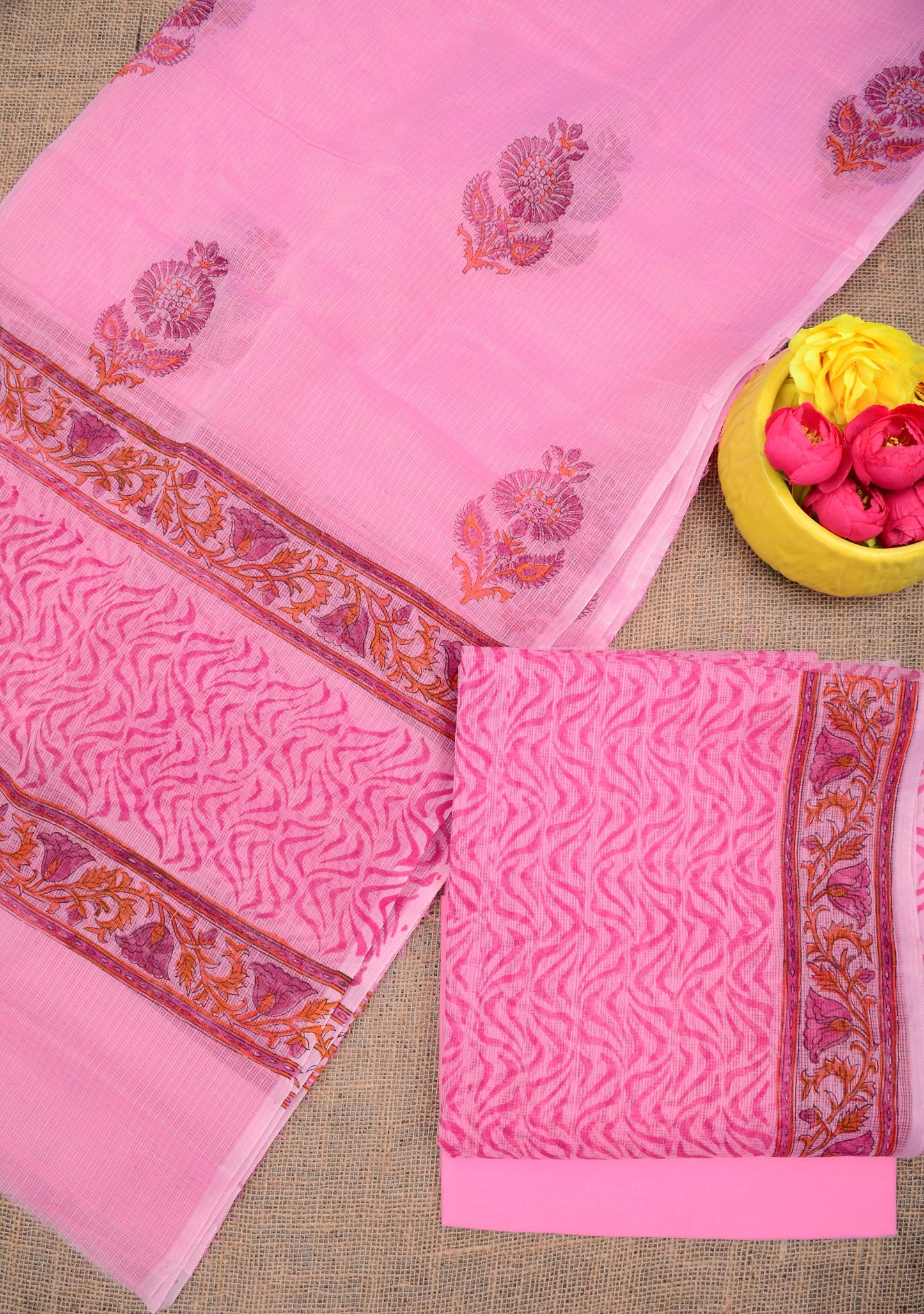 Designer Pink Kota Doria Hand Block Print Suit Collection