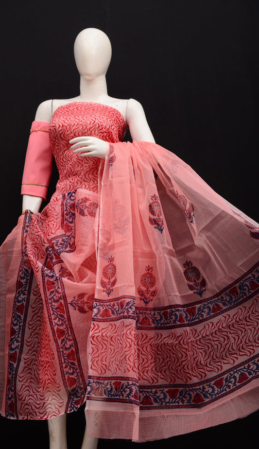 Premium Coral Pink Kota Doria Printed Unstitched Suit for Women