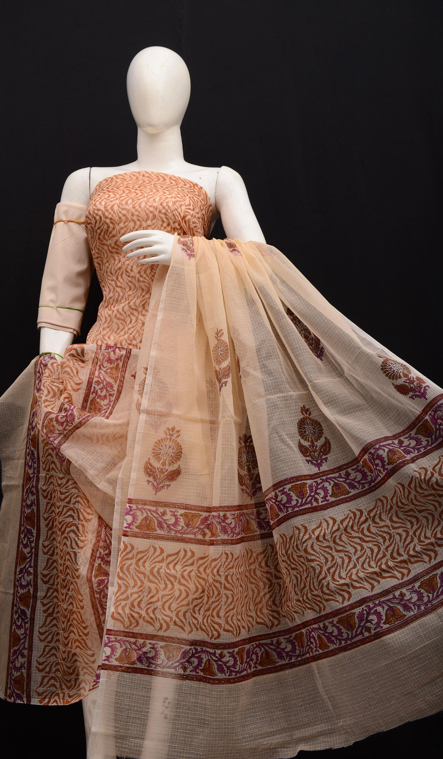 Women's Cream Kota Doria Hand Block Print Unstitched Suit