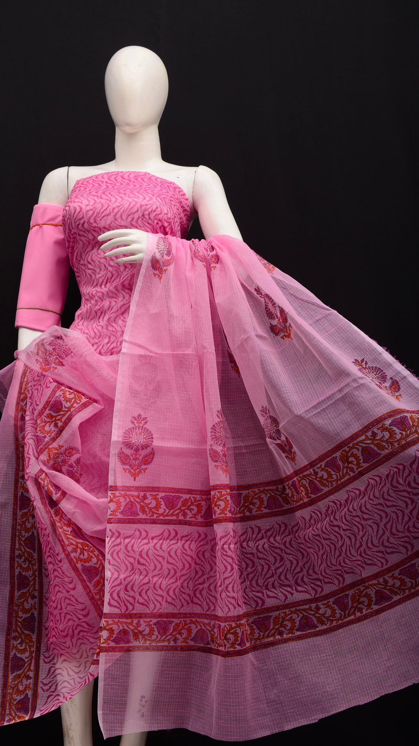 Designer Pink Kota Doria Hand Block Print Suit Collection