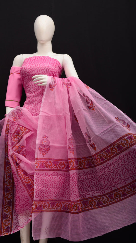 Designer Pink Kota Doria Hand Block Print Suit Collection