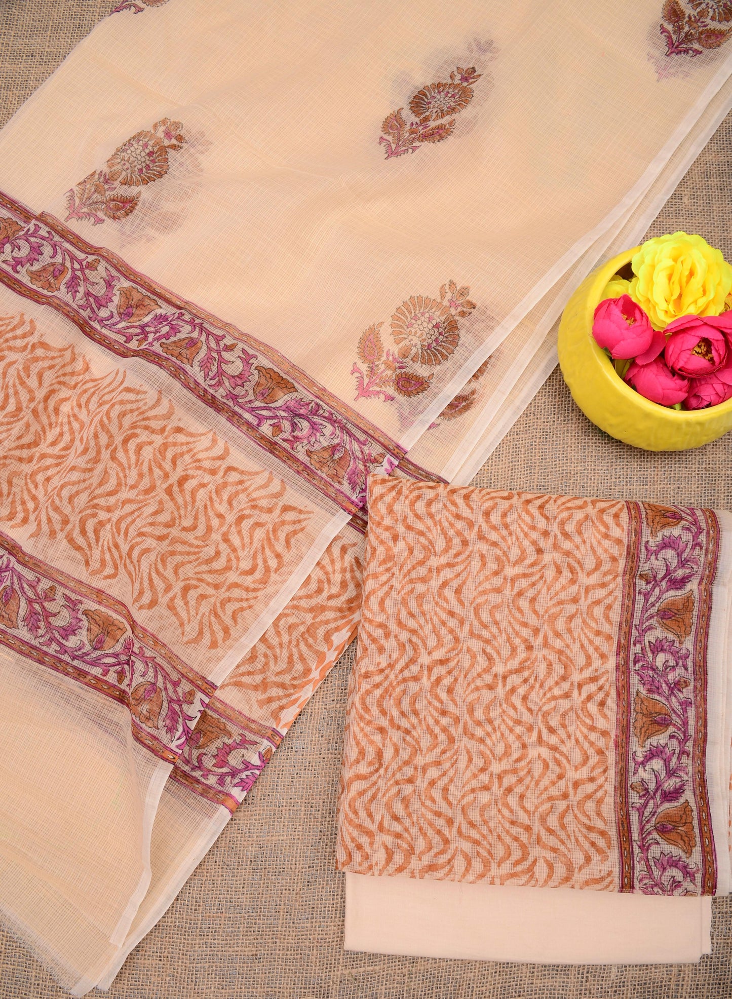 Women's Cream Kota Doria Hand Block Print Unstitched Suit