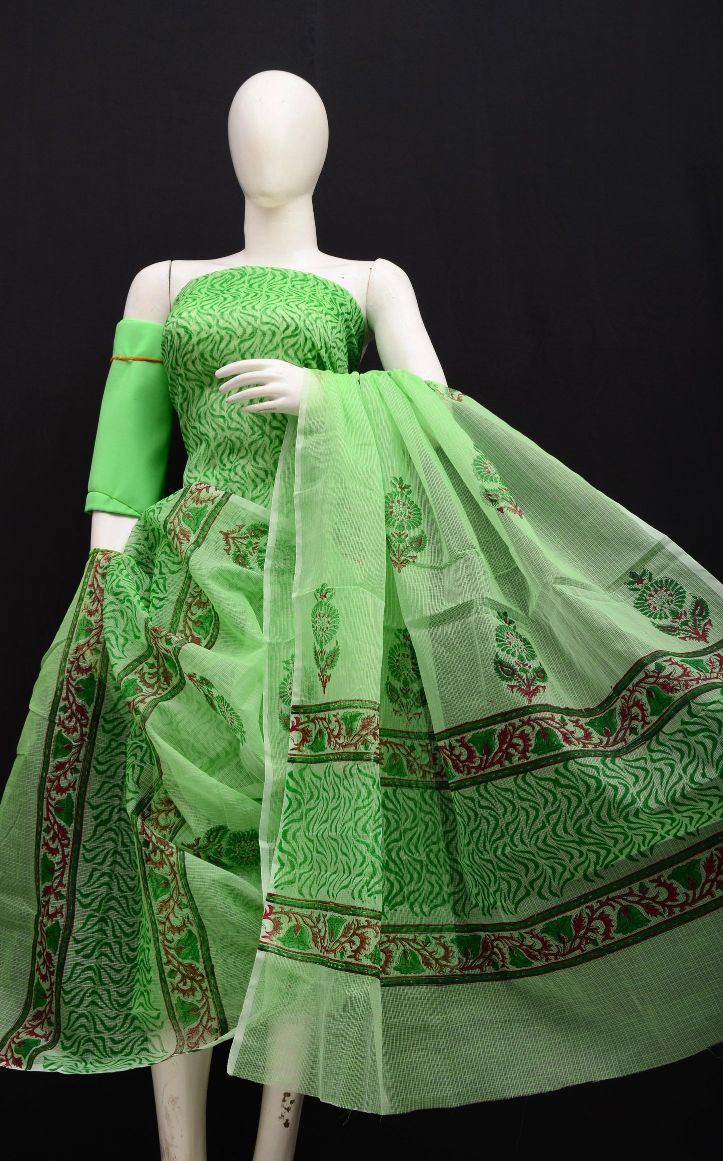 Women's Green Kota Doria Hand Block Print Unstitched Suit