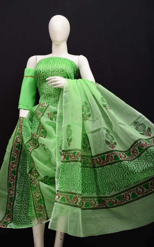 Women's Green Kota Doria Hand Block Print Unstitched Suit