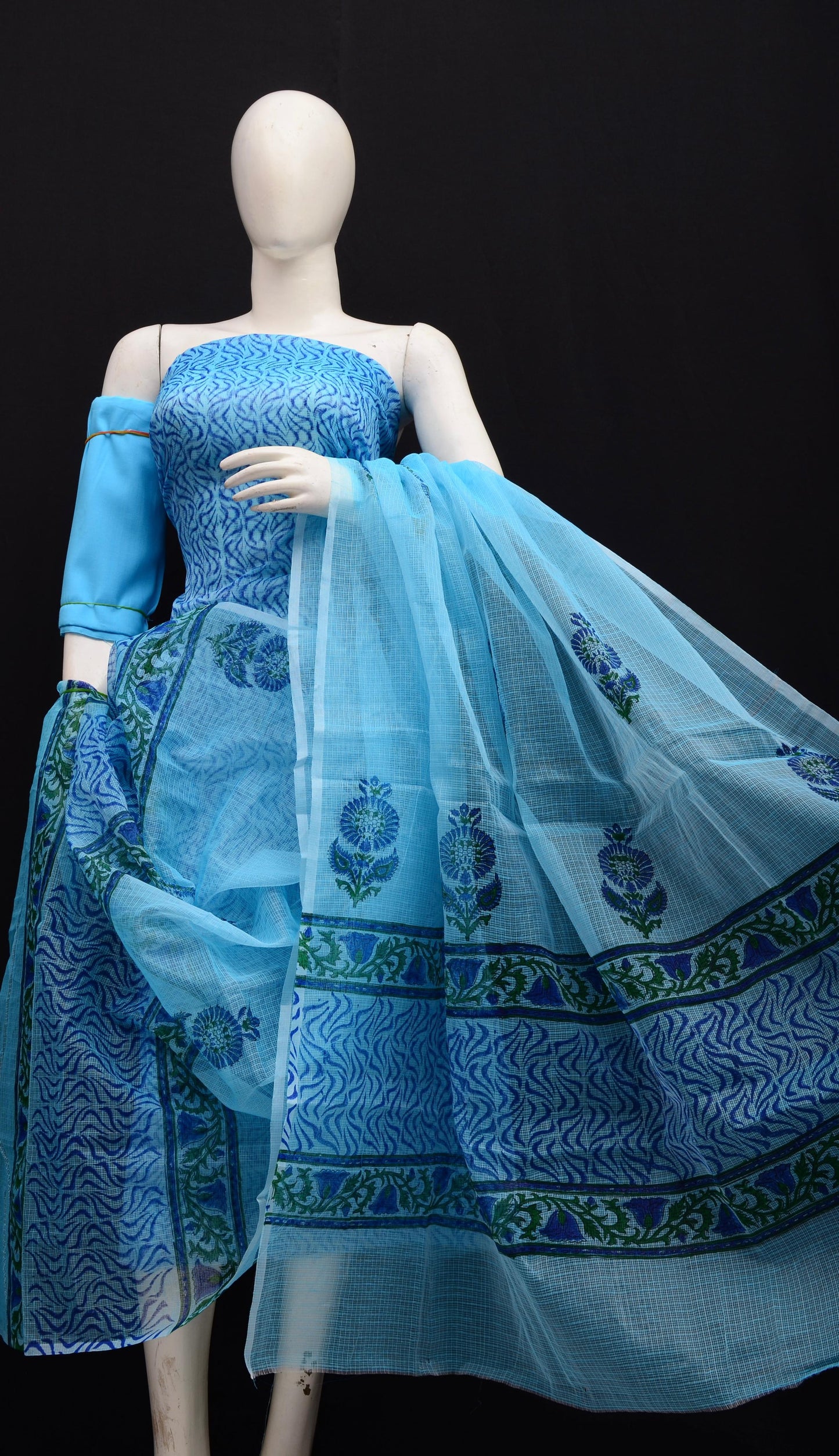 Women's Blue Kota Doria Hand Block Print Unstitched Suit