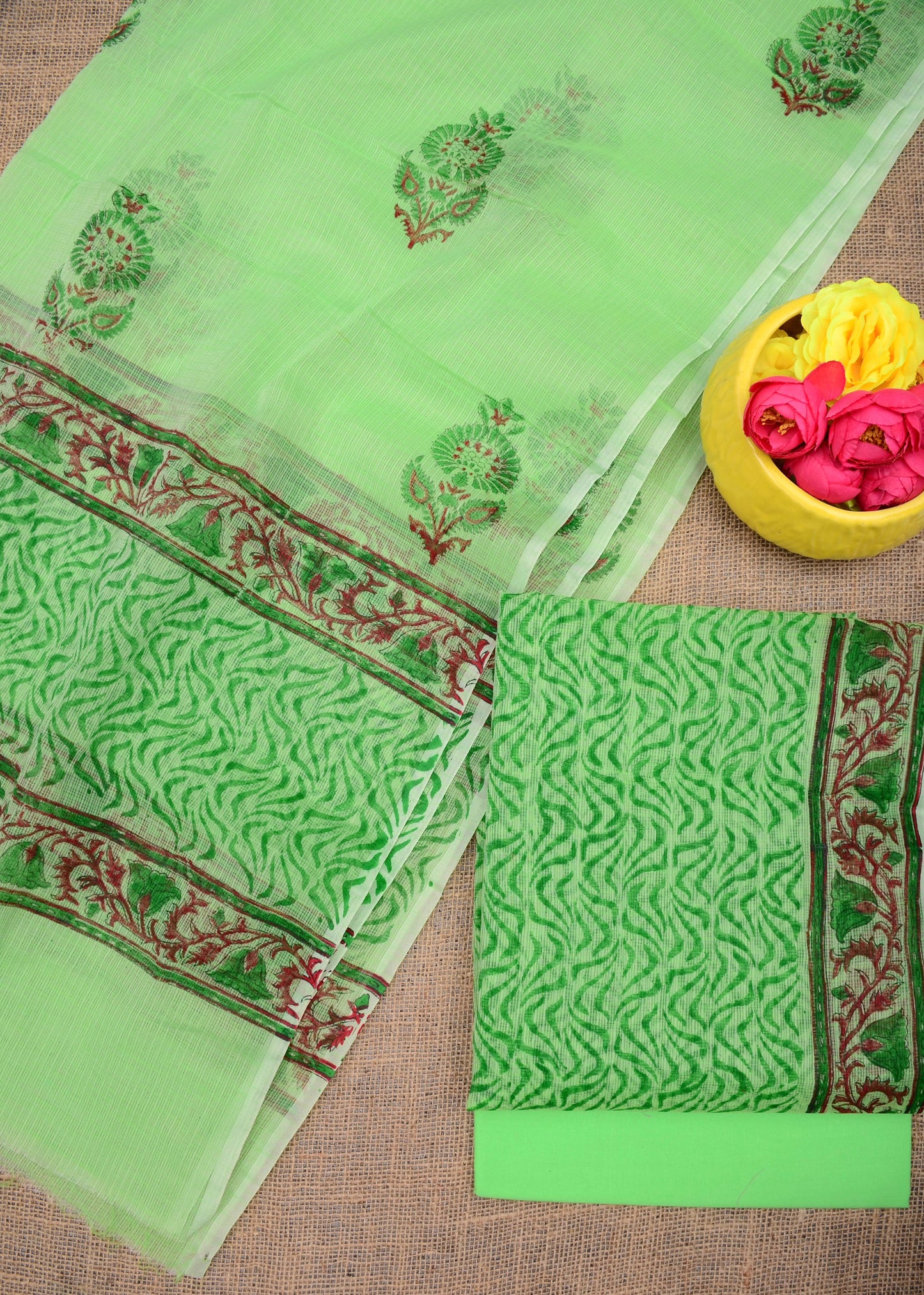 Women's Green Kota Doria Hand Block Print Unstitched Suit