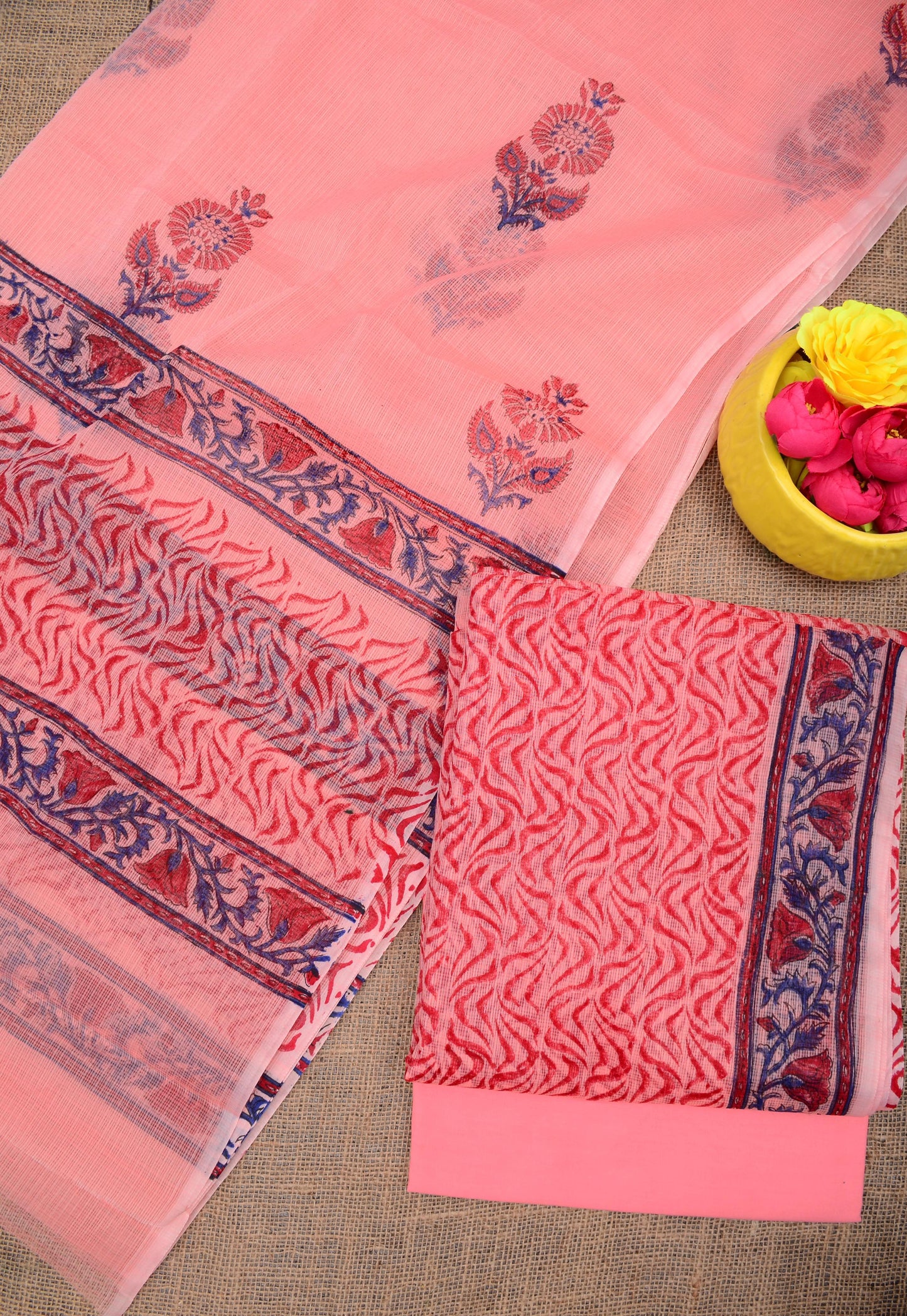 Premium Coral Pink Kota Doria Printed Unstitched Suit for Women