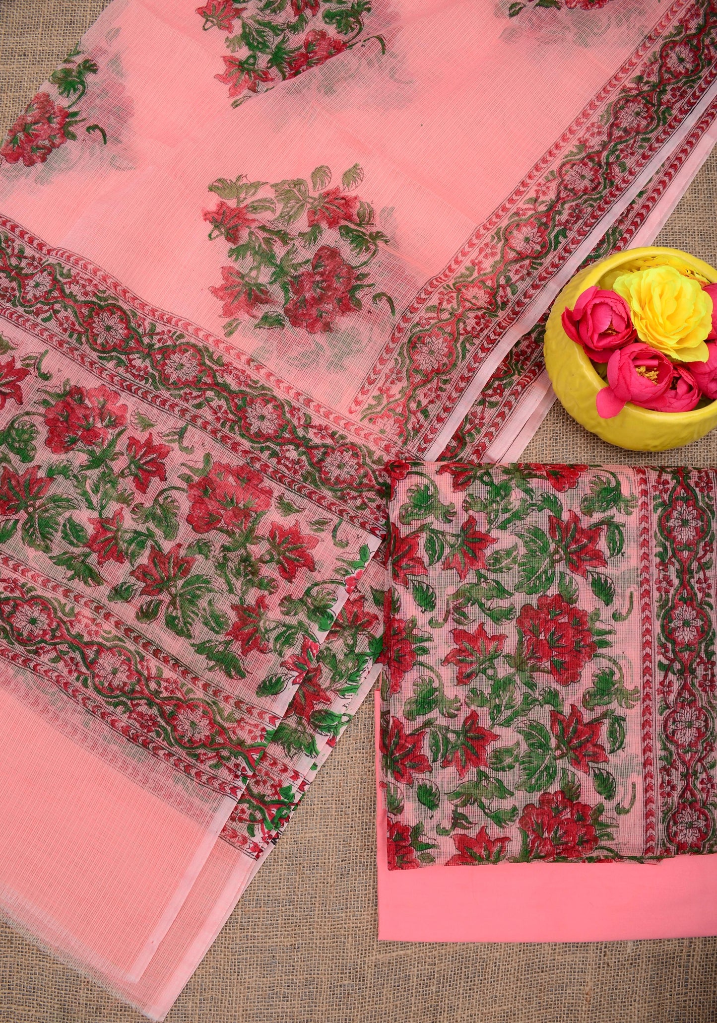 Designer Coral Pink Kota Doria Hand Block Print Suit Collection