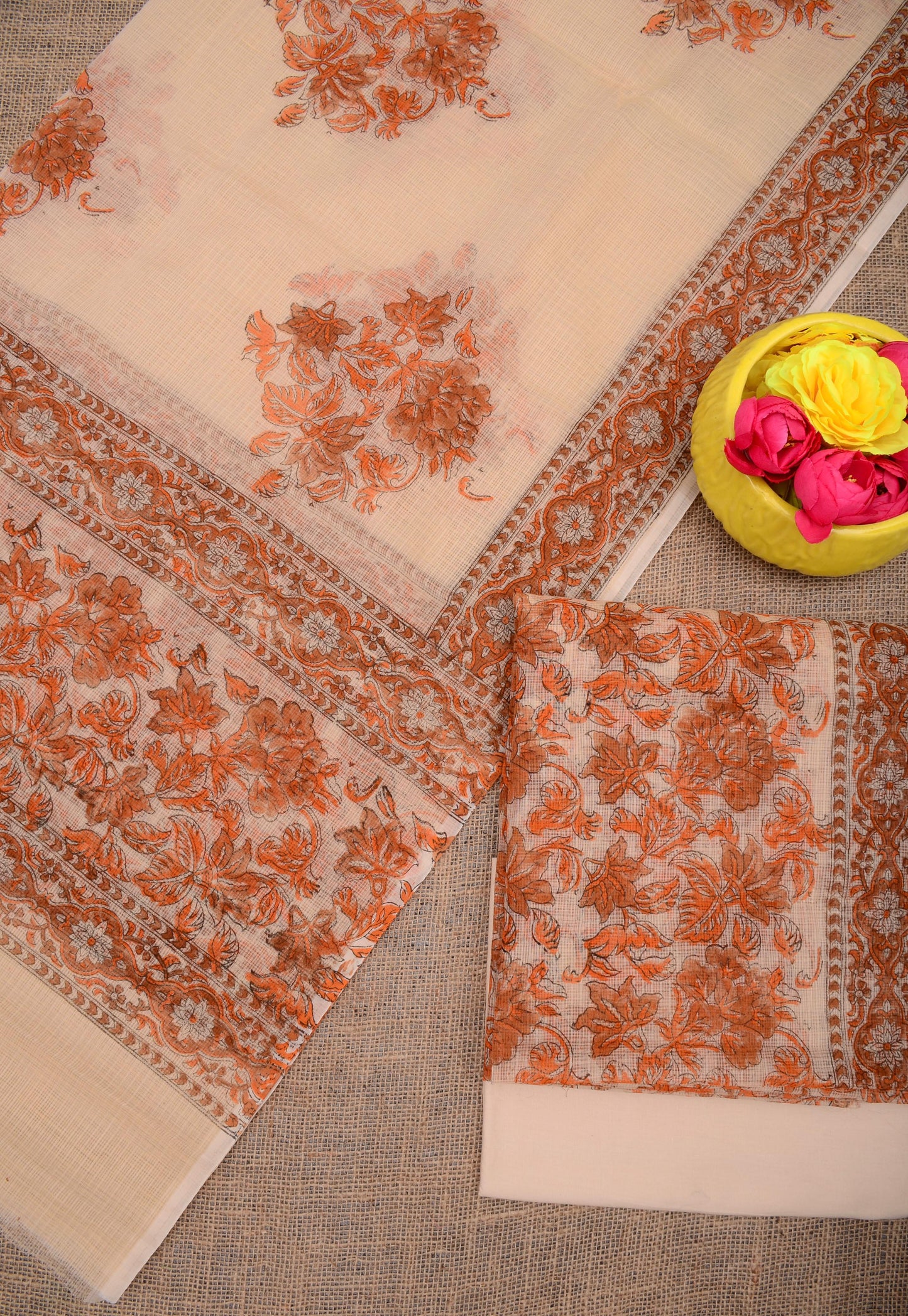 Women's Peach Kota Doria Hand Block Print Unstitched Suit