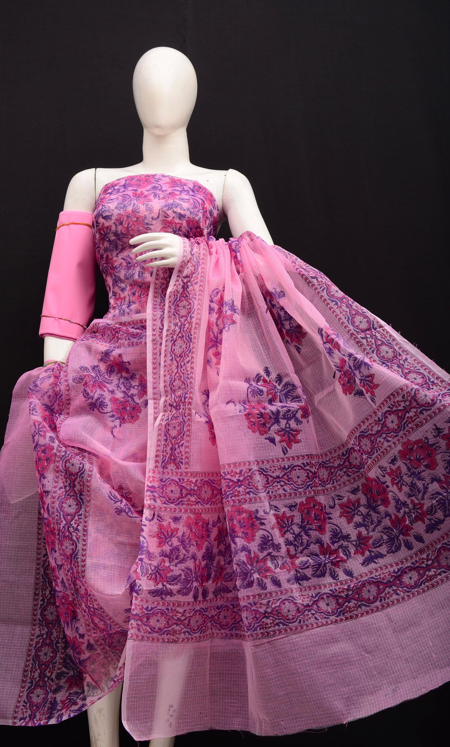 Women's Light Pink Kota Doria Hand Block Print Unstitched Suit