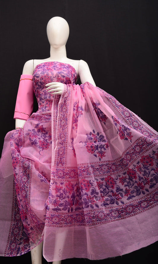 Women's Light Pink Kota Doria Hand Block Print Unstitched Suit