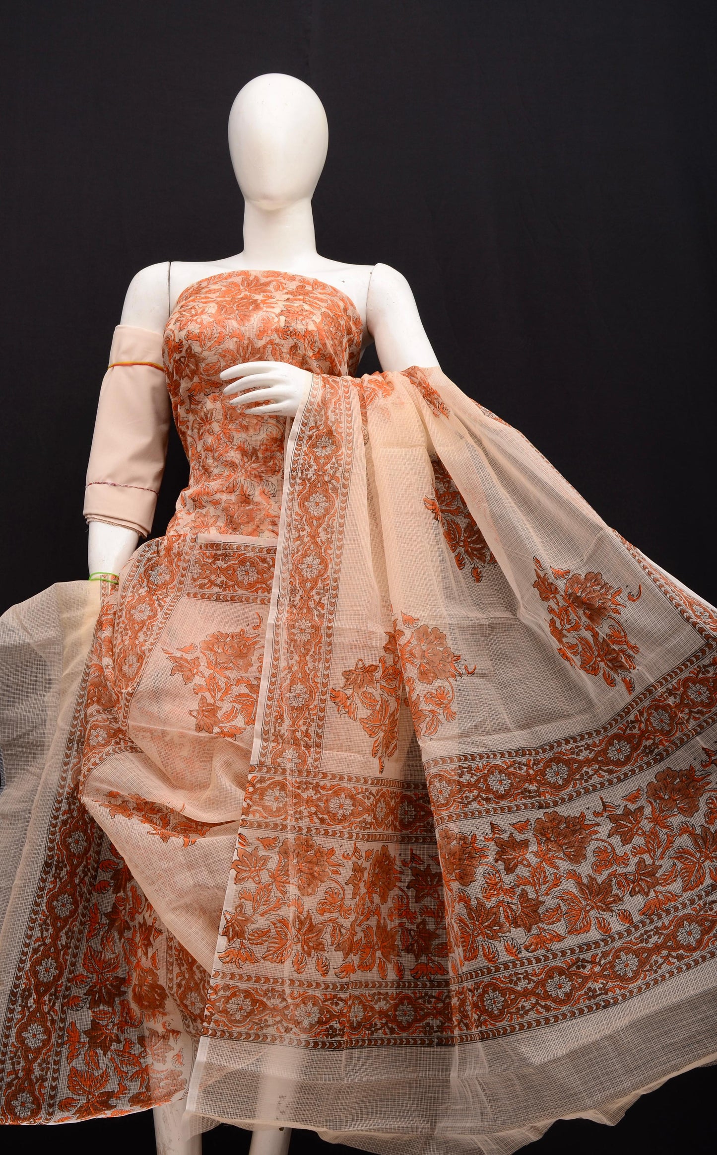 Women's Peach Kota Doria Hand Block Print Unstitched Suit