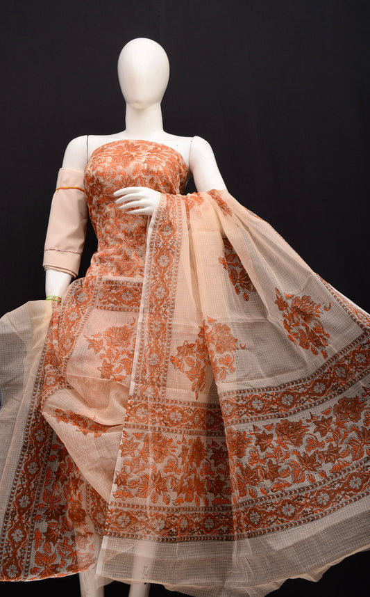 Women's Peach Kota Doria Hand Block Print Unstitched Suit