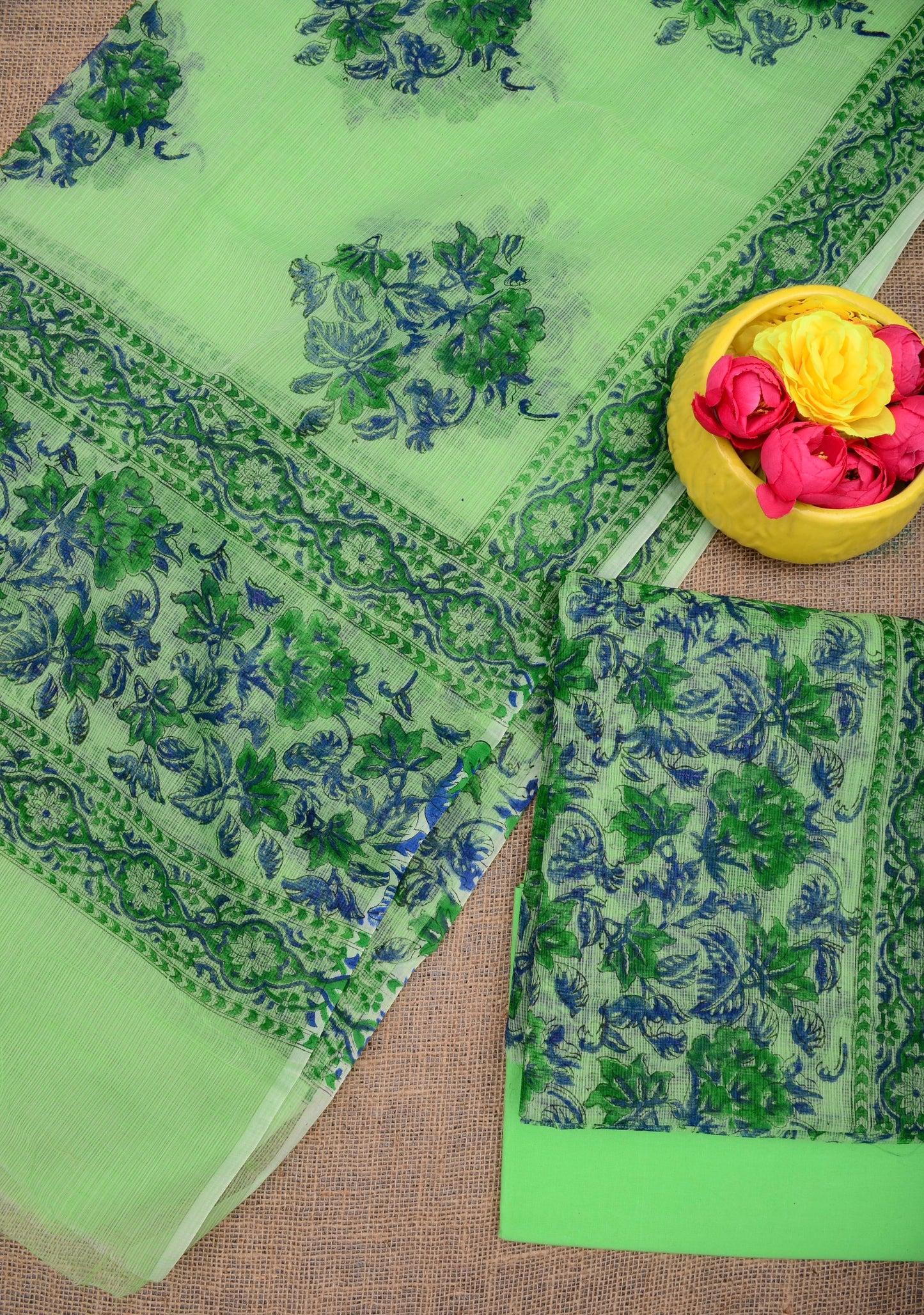 Premium Green Kota Doria Printed Unstitched Suit for Women