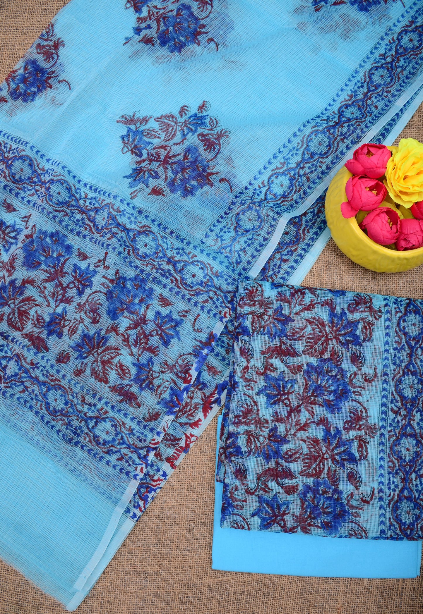 Designer Blue Kota Doria Hand Block Print Suit Collection