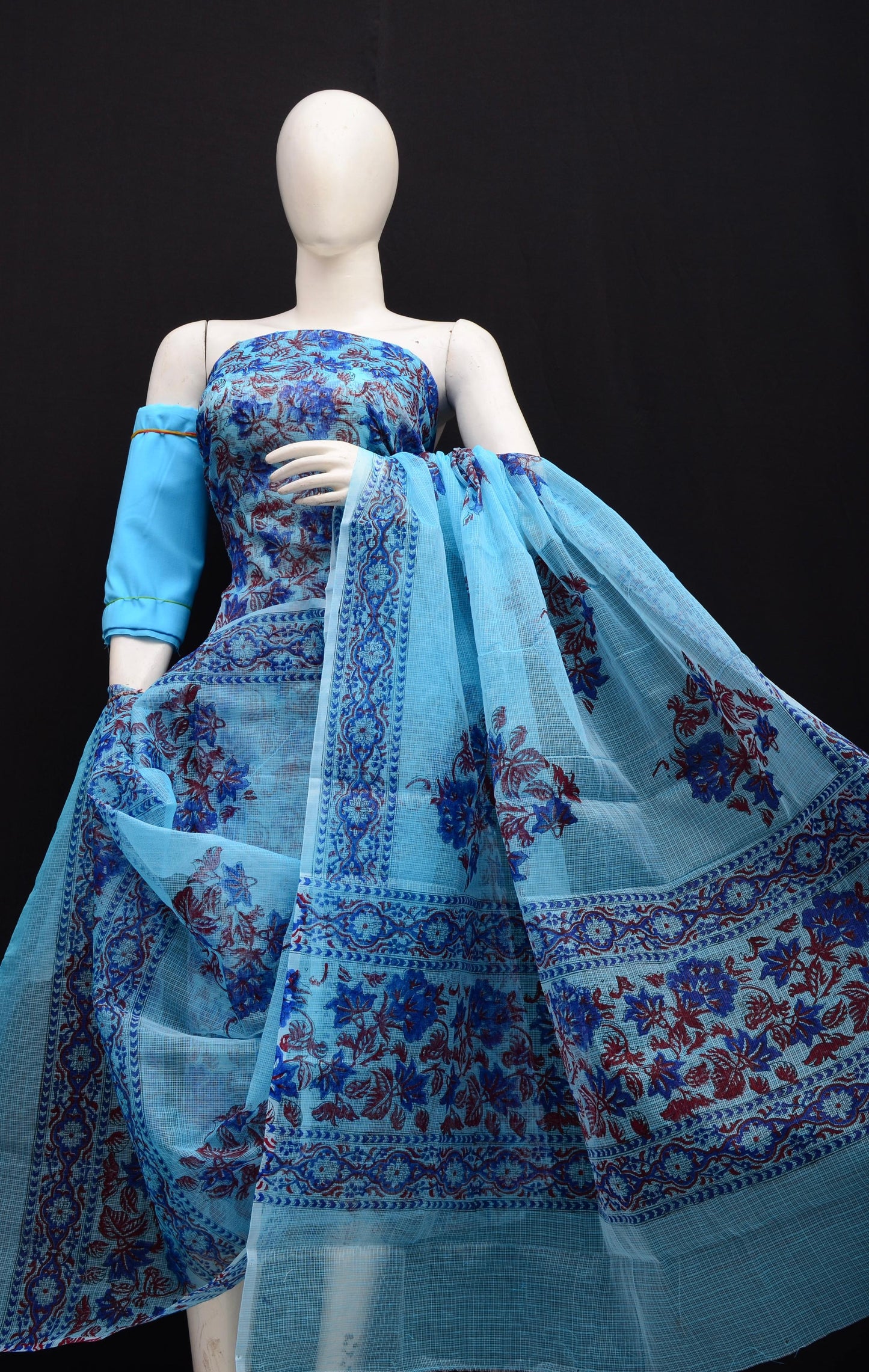 Designer Blue Kota Doria Hand Block Print Suit Collection