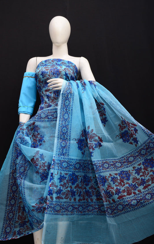 Designer Blue Kota Doria Hand Block Print Suit Collection