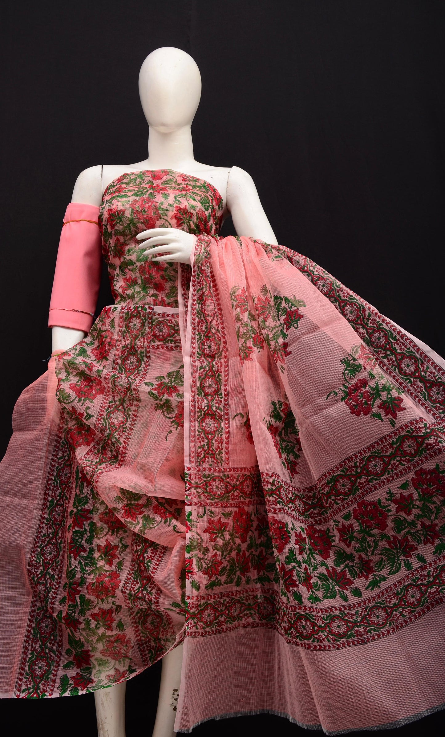 Designer Coral Pink Kota Doria Hand Block Print Suit Collection