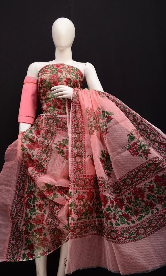 Designer Coral Pink Kota Doria Hand Block Print Suit Collection