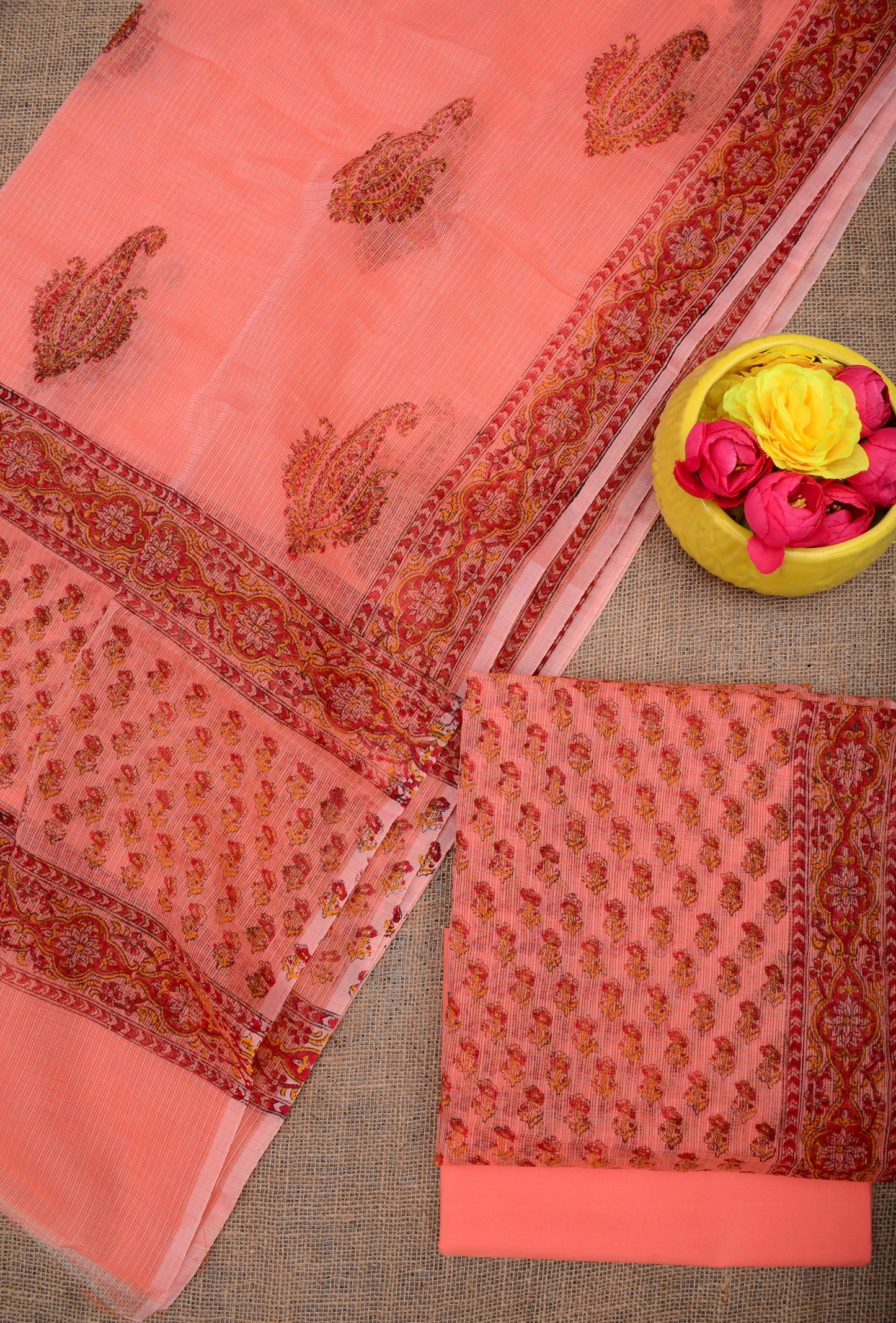 Designer Dark Peach Kota Doria Hand Block Print Suit Collection
