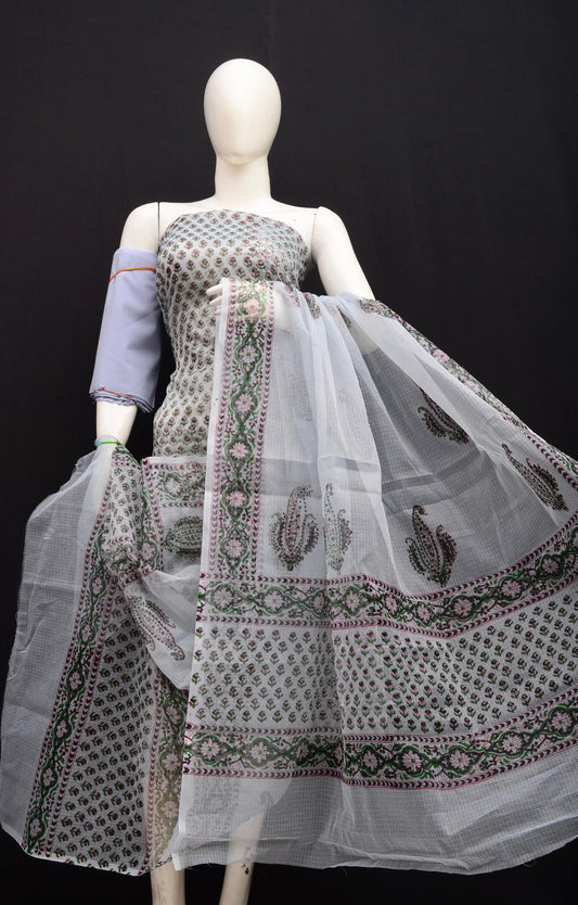 Designer Grey Kota Doria Hand Block Print Suit Collection