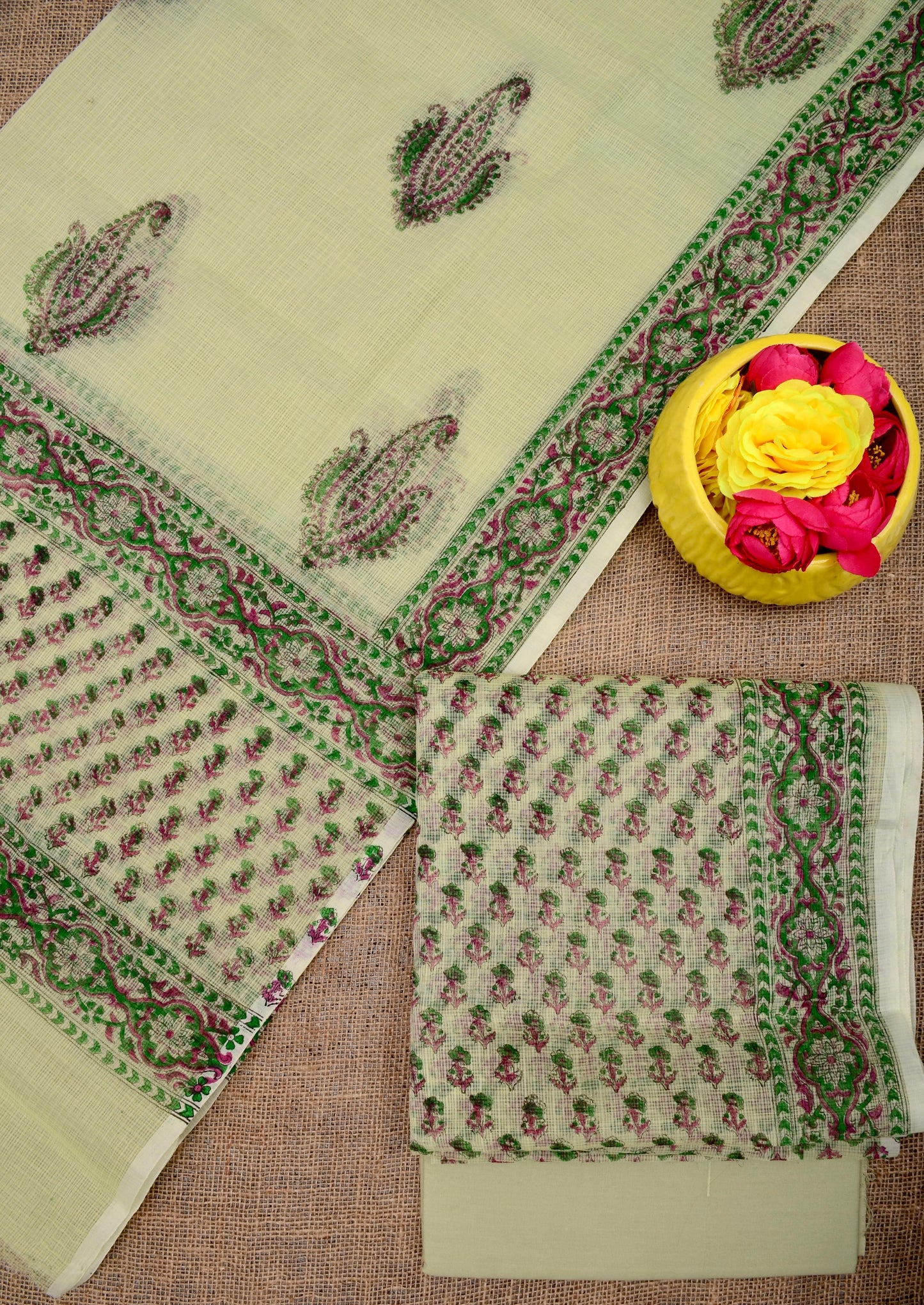 Designer Sea Green Kota Doria Hand Block Print Suit Collection