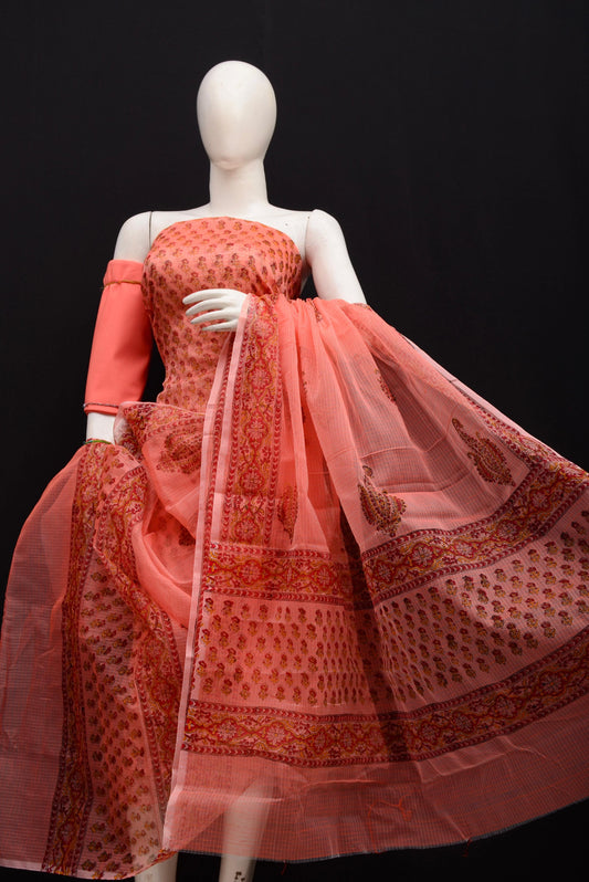 Designer Dark Peach Kota Doria Hand Block Print Suit Collection
