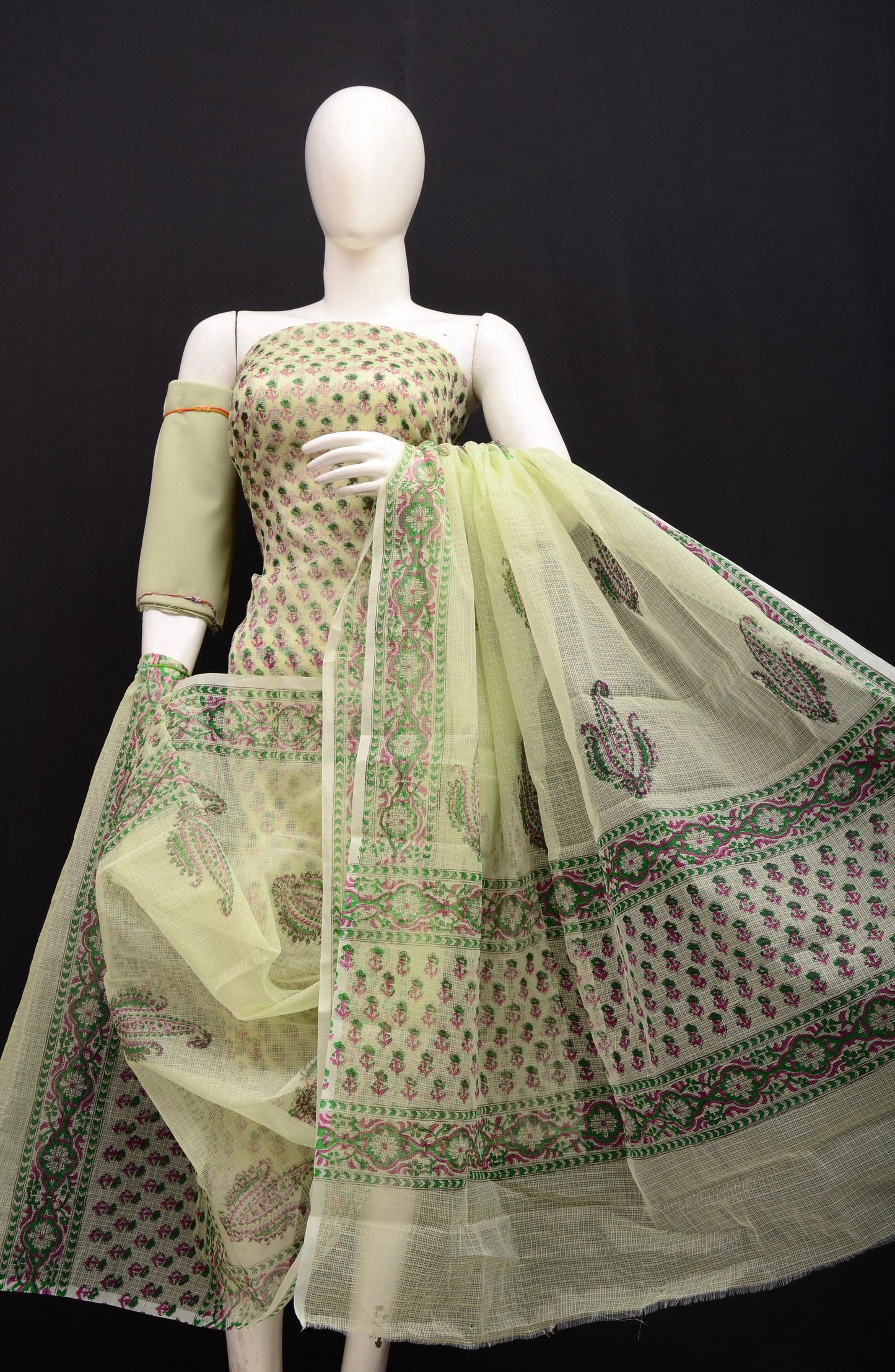 Designer Sea Green Kota Doria Hand Block Print Suit Collection