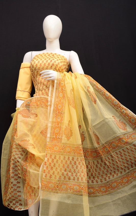 Premium Bright Yellow Kota Doria Printed Unstitched Suit for Women