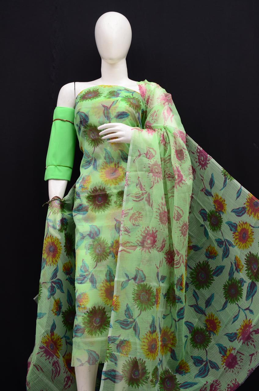 Premium Green Kota Doria Printed Unstitched Suit for Women
