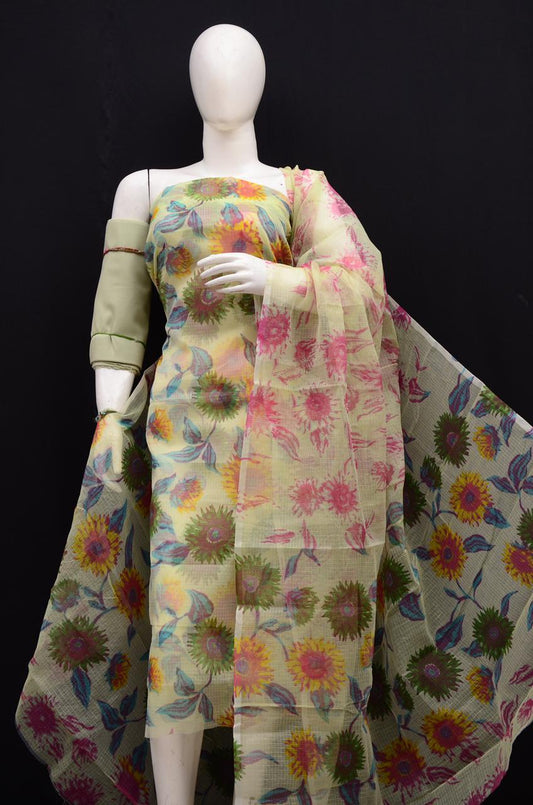 Elegant Cream Kota Doria Printed Dress Material