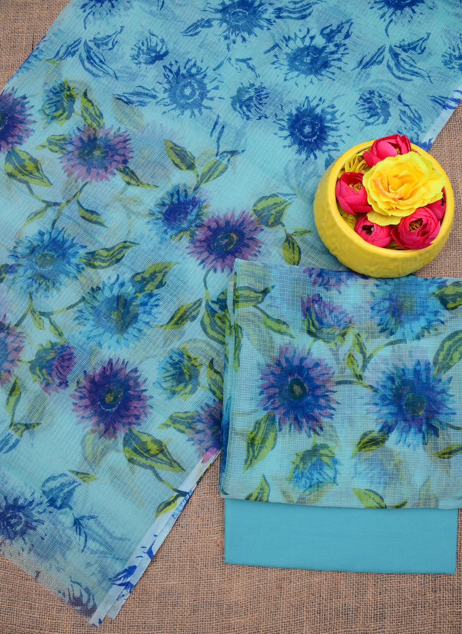 Premium Blue Kota Doria Printed Unstitched Suit for Women