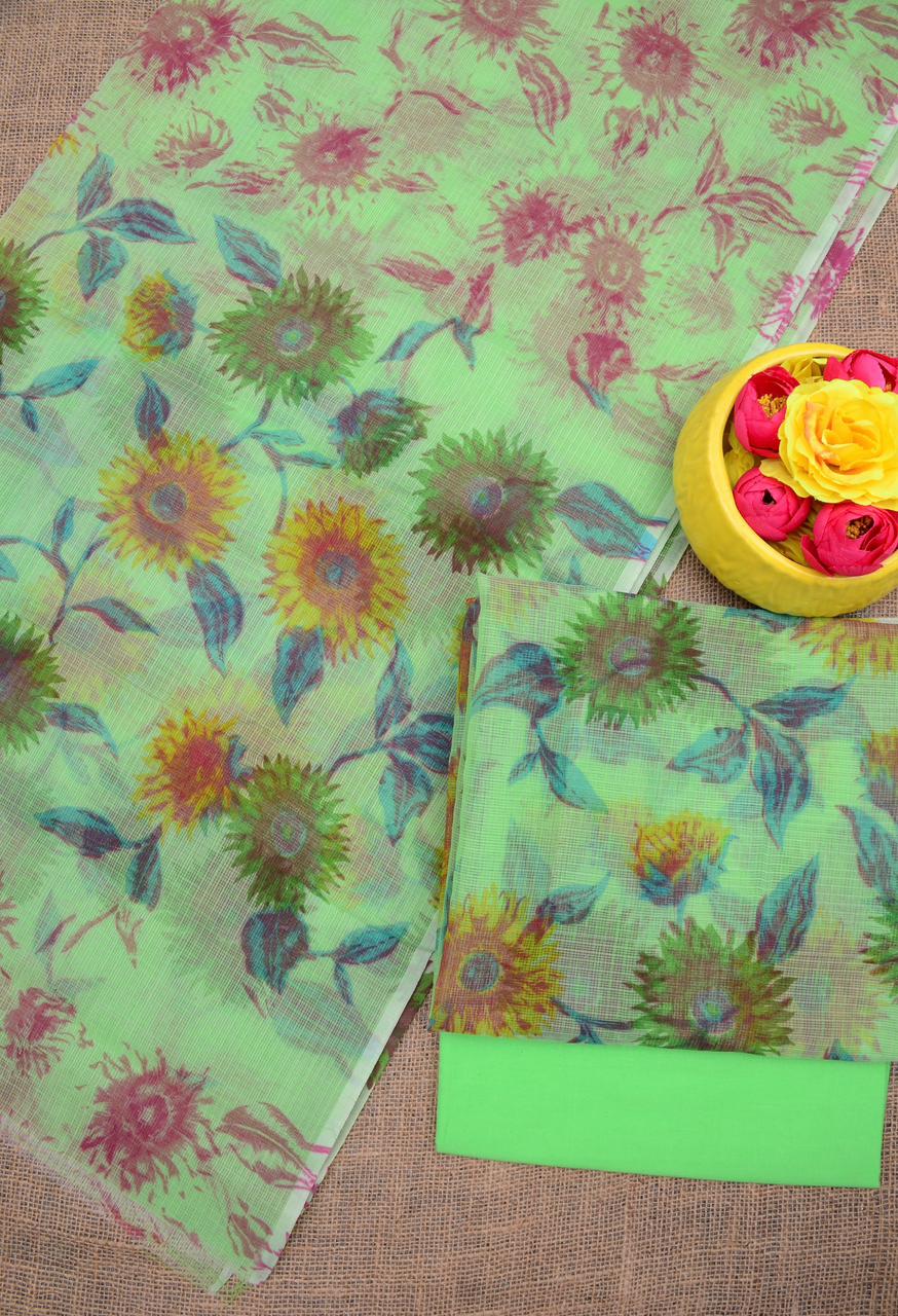 Premium Green Kota Doria Printed Unstitched Suit for Women