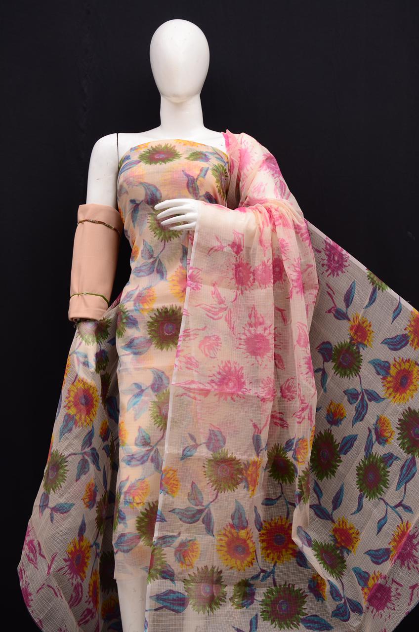Premium Peach Kota Doria Printed Unstitched Suit for Women