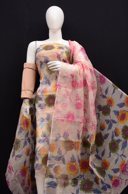 Premium Peach Kota Doria Printed Unstitched Suit for Women