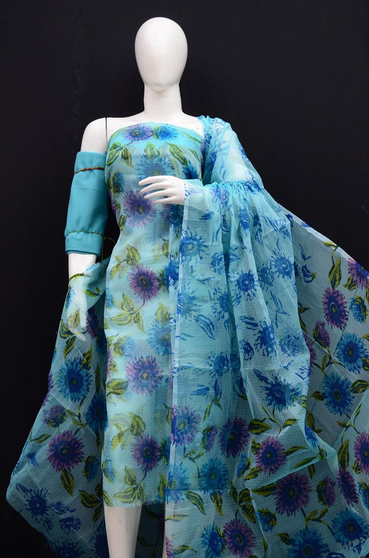 Premium Blue Kota Doria Printed Unstitched Suit for Women