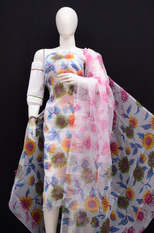 Premium White Kota Doria Printed Unstitched Suit for Women