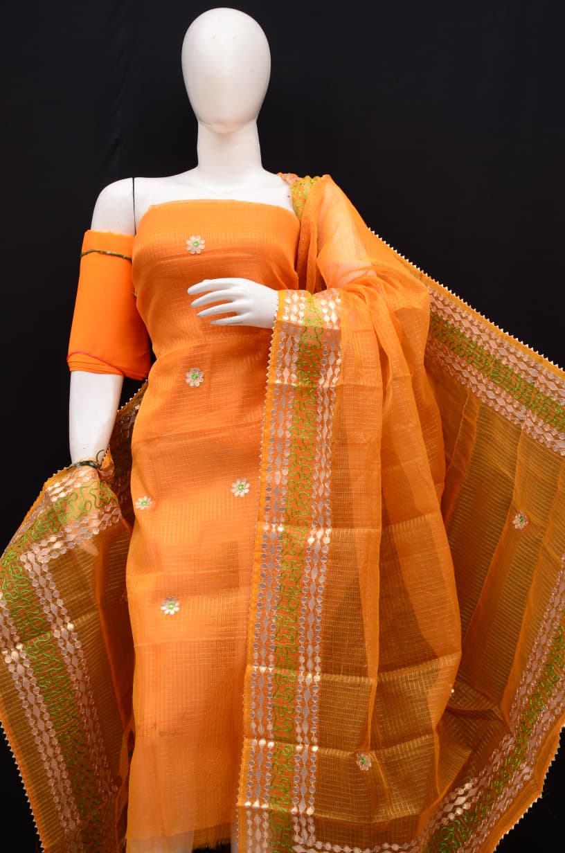 Festive Wear Orange Kota Doria Gota Patti Suit Set with Dupatta