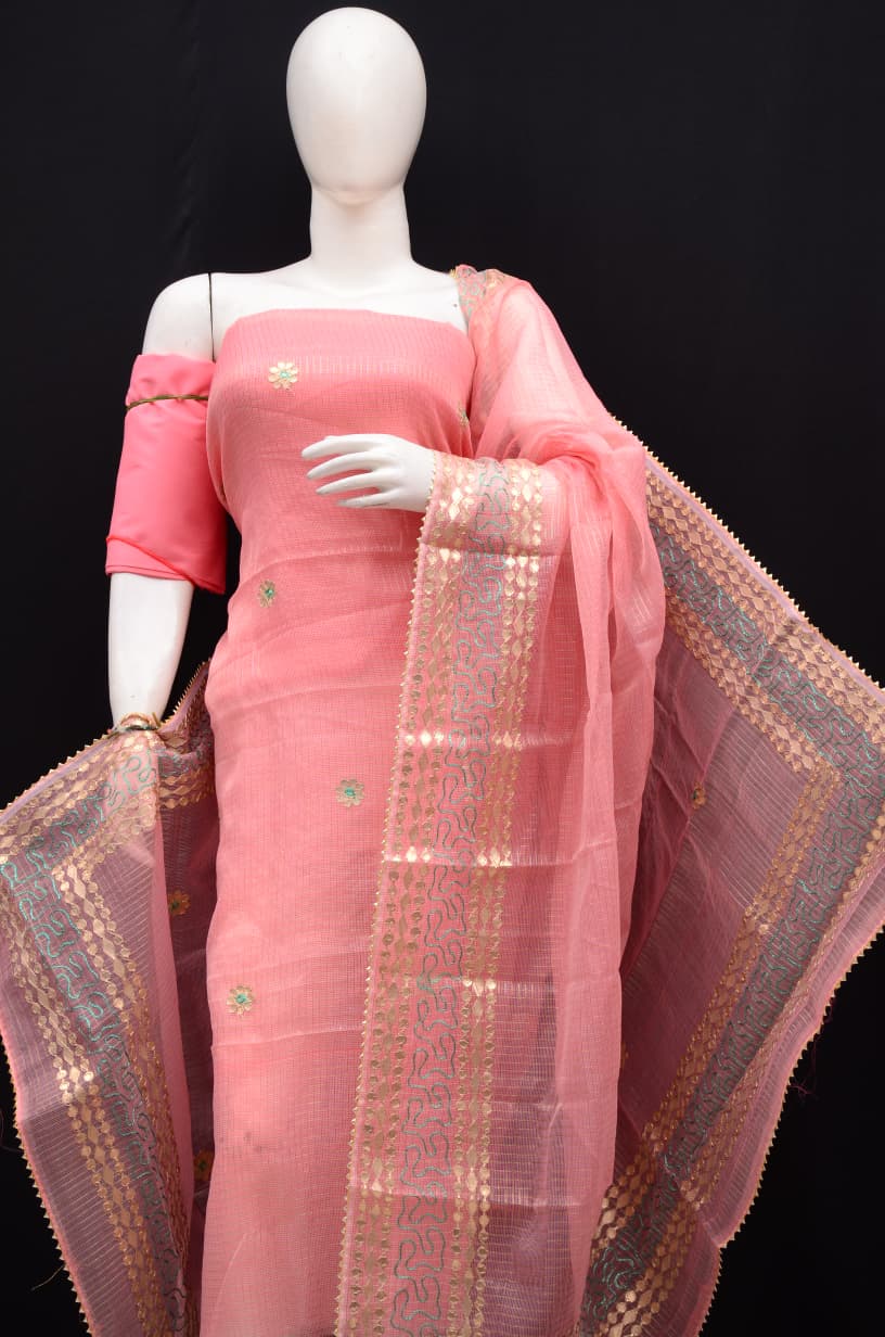Women's Light Pink Kota Doria Gota Patti Unstitched Suit