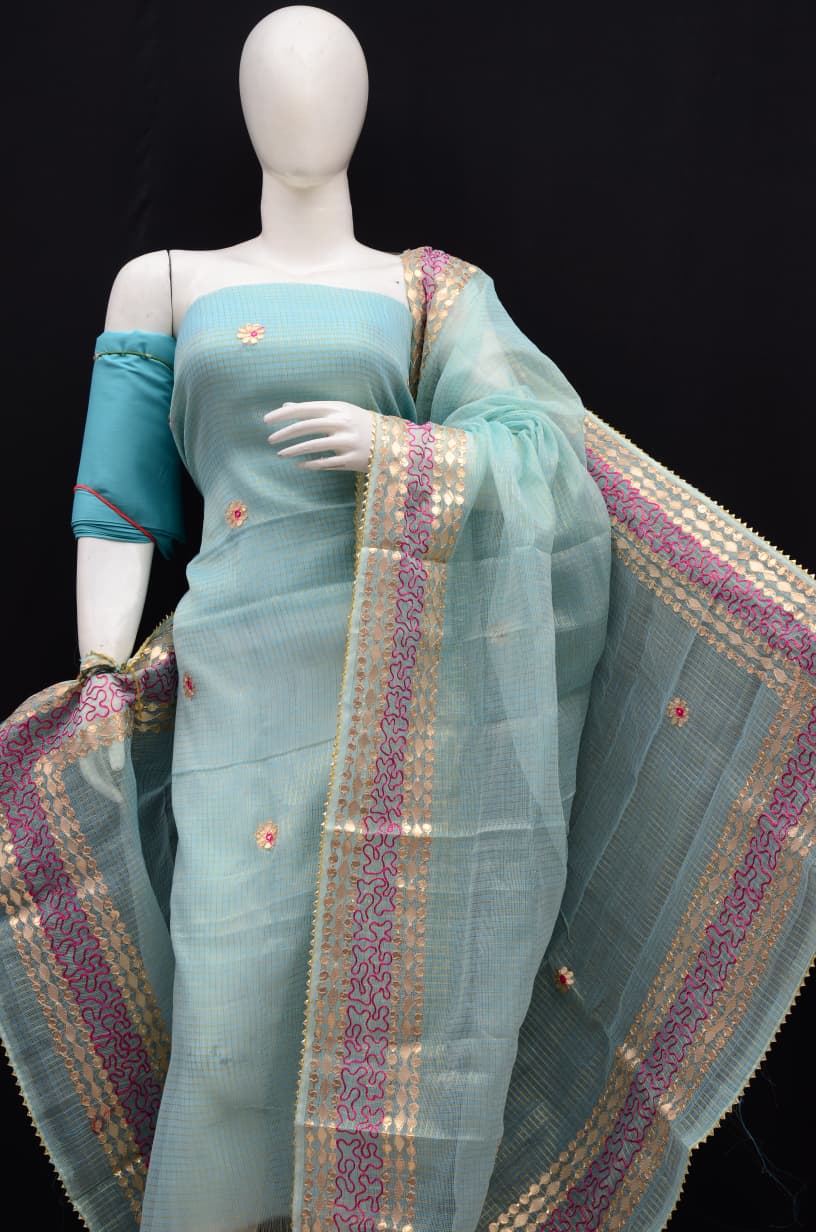 Premium Mint Green Kota Doria Tissue Gota Patti Unstitched Suit for Women