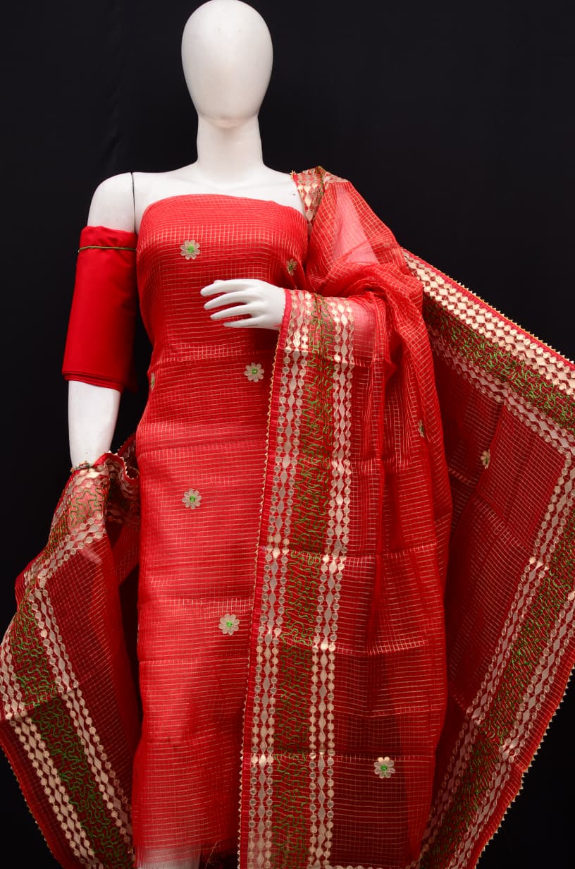 Elegant Red Kota Doria Gota Patti Dress Material