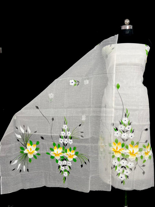 Premium White Kota Doria Hand Brush Printed Unstitched Suit for Women