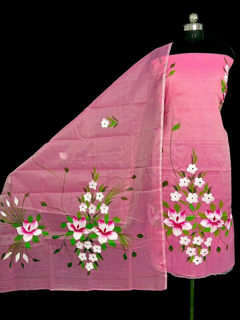 Elegant Pink Kota Doria Hand Brush Print Dress Material
