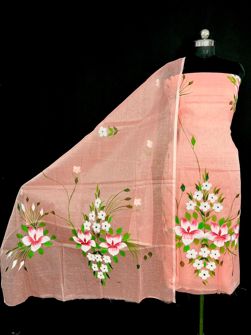 Festive Wear Peach Kota Doria Hand Brush Print Suit Set with Dupatta
