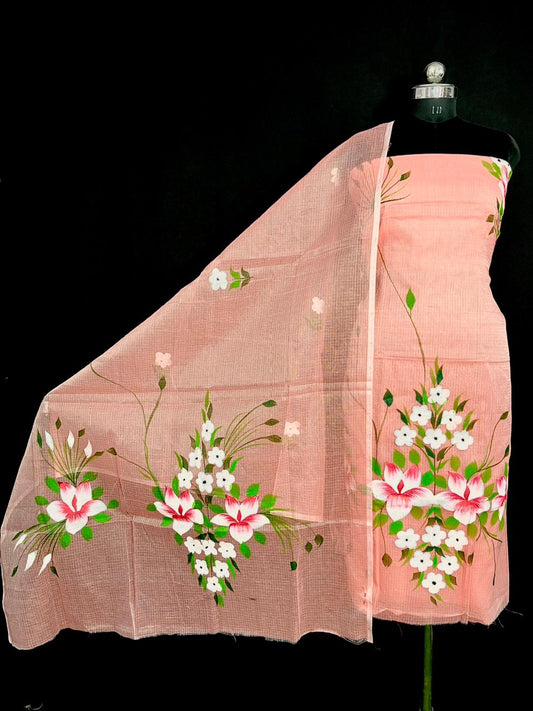 Festive Wear Peach Kota Doria Hand Brush Print Suit Set with Dupatta