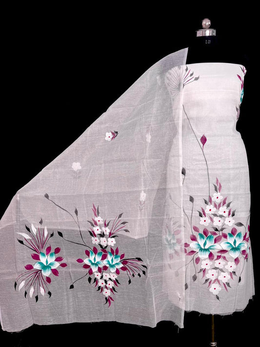 Designer White Kota Doria Hand Brush Print Suit Collection
