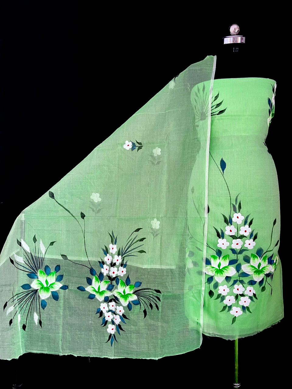 Traditional Green Kota Doria Hand Brush Print Salwar Suit Set