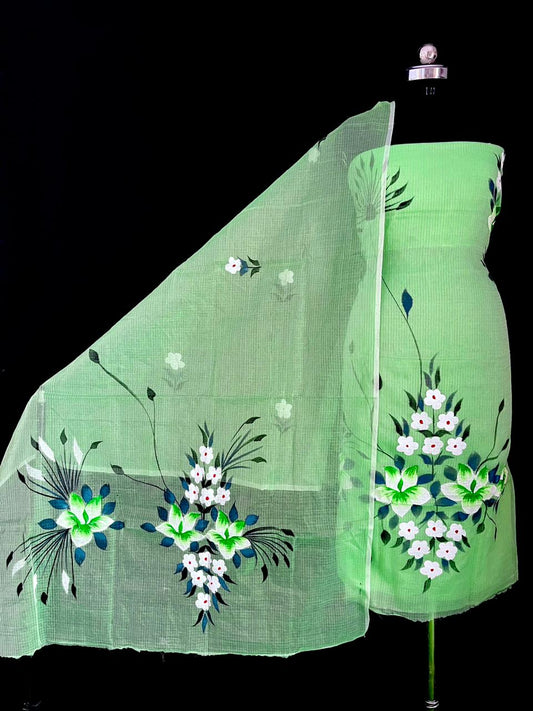 Traditional Green Kota Doria Hand Brush Print Salwar Suit Set